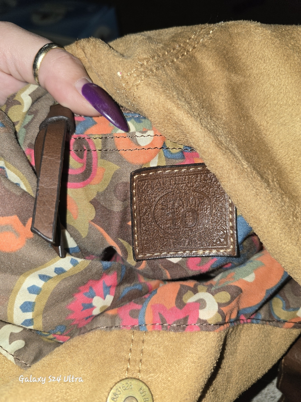 Suede Handbag with Multicolor Floral Interior